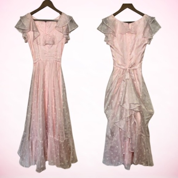 Vintage 1970s Pink Chiffon Bridesmaid Prom Dress Bustle Cottagecore XS Small - Picture 1 of 12